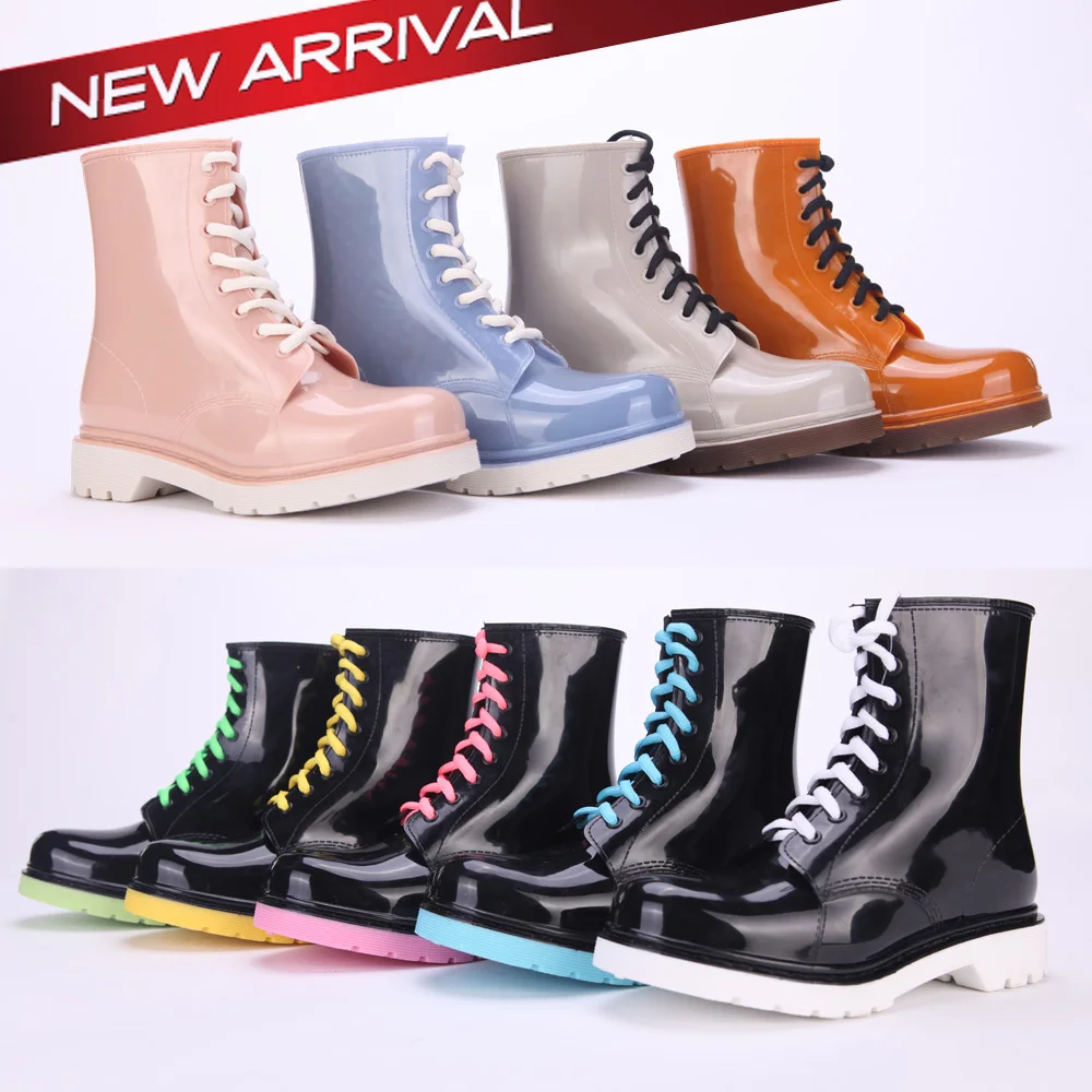 Women's Creamy Clear Jelly Rain Boots Anti slip Waterproof Lace up PVC Rubber Martin Rain