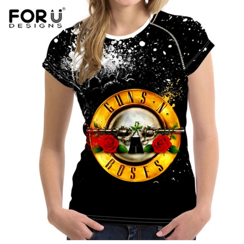 FORUDESIGNS/Черная 3D женская футболка с коротким рукавом Повседневная рок-группа guns N Футболка розы Топы для женщин крутая женская футболка плюс размер
