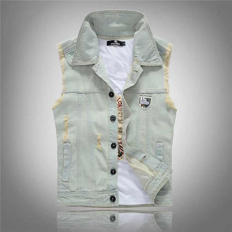 

2016 New Stylish Cool Men`s Light Blue Denim Vest Washed Vintage Ripped Distressed Waistcoat Sleeveless Jeans Jacket For Men