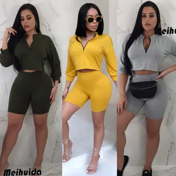 

Autumn Women Tracksuit Two Piece Sets Long Sleeve Crop Tops Shorts Solid Casual Suit Sets Sportwear New Streetwear