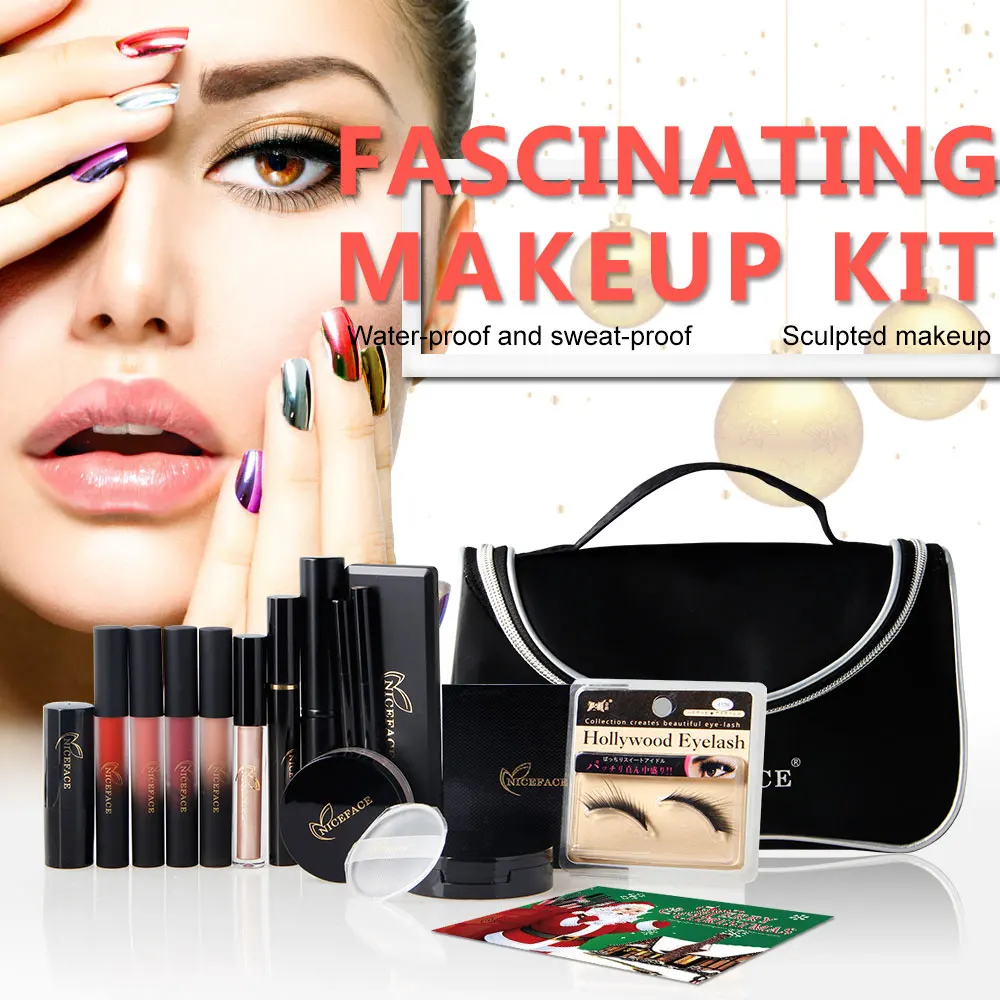 

NICEFACE 15pcs Cosmetics Makeup Set Tool Kit with Lipstick Highligh Powder Concealer Stick Smooth Blush Brush Puff Birthday Gift