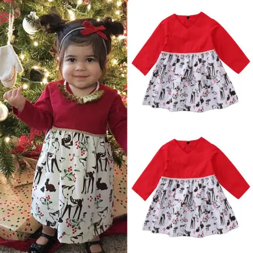 Рождественский костюм с оленем для новорожденных девочек рождественское Расклешенное мини-платье принцессы на возраст от 1 до 5 лет