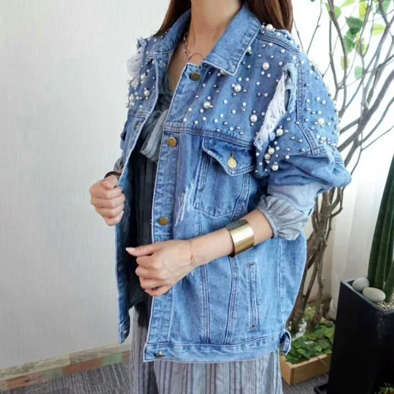 2019 Spring Women Single Breasted Ripped Jeans Jacket Long Sleeve Denim Jackets BF Style Casual Beading Hole Bomber Jackets