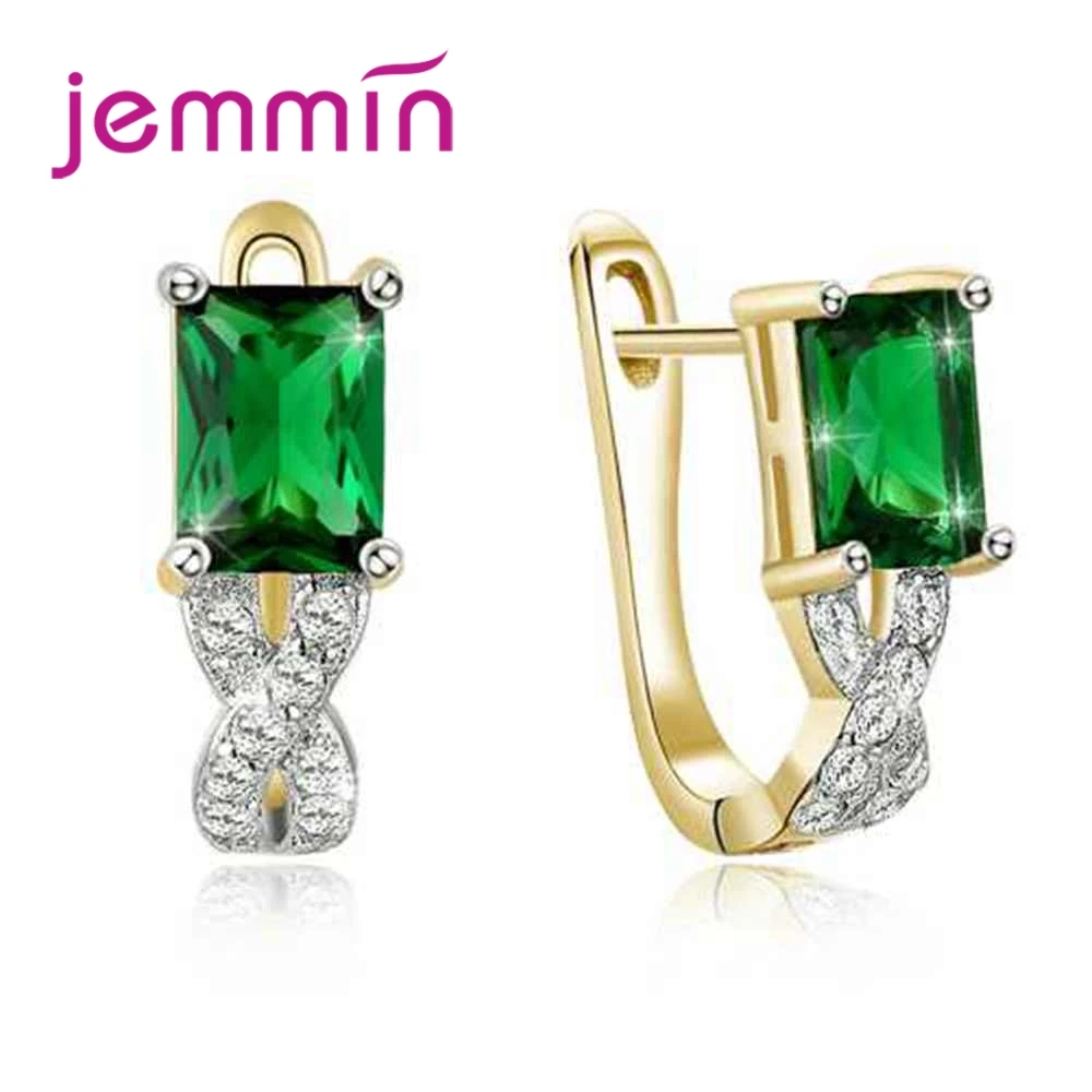 

New Arrival Women Fashion Ear Buckle Earrings 925 Sterling Silver Square Green CZHoop Earrings Shiny AAAA Cubic Zirconia