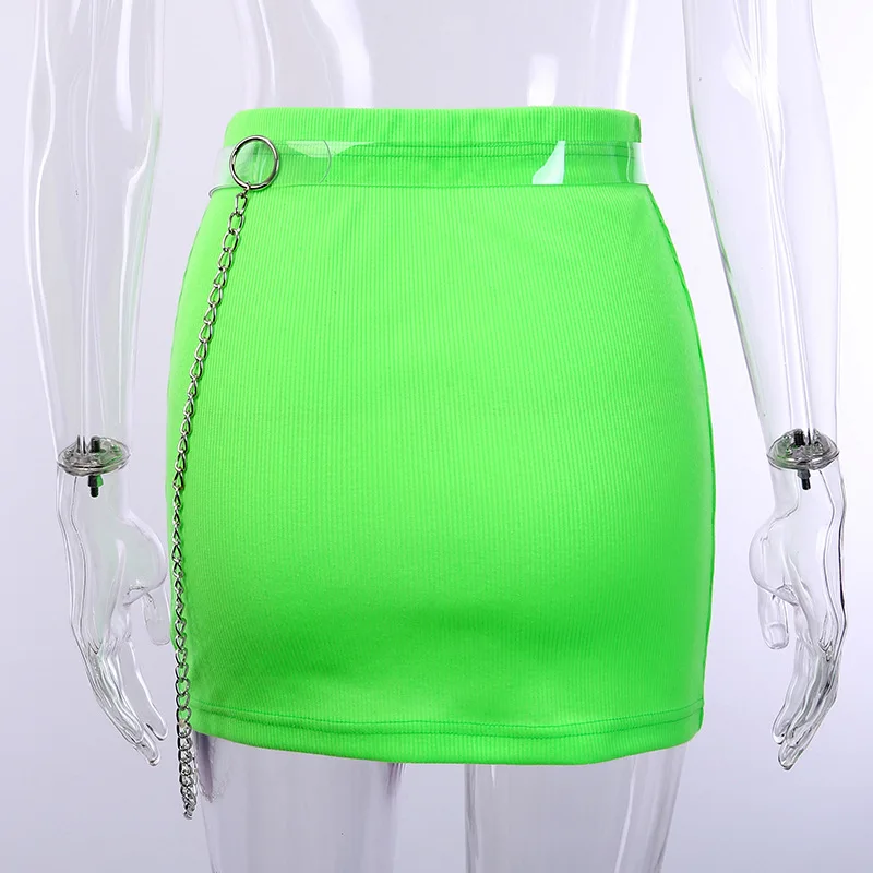 Женская облегающая юбка с цепочкой, неоновая зеленая мини-юбка с поясом,, летняя мода, высокая талия, для девушек, Корея, Harajuku, тонкая юбка для женщин