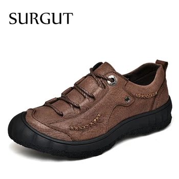 

SURGUT New 2020 Men Casual Shoes Leather Summer Breathable Outdoor Driving Shoes Luxurious Brand Flat Shoes For Men Size 38~44