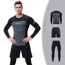 3 Pieces Men GYM Compress Fitness Sets Long Tee Top + Legging + Shorts Workout Exercise Sport Shirts Running Tights A109