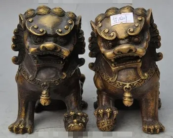 

YM 316 old china fengshui pure bronze foo dog lion beast ball evil spirits statue pair