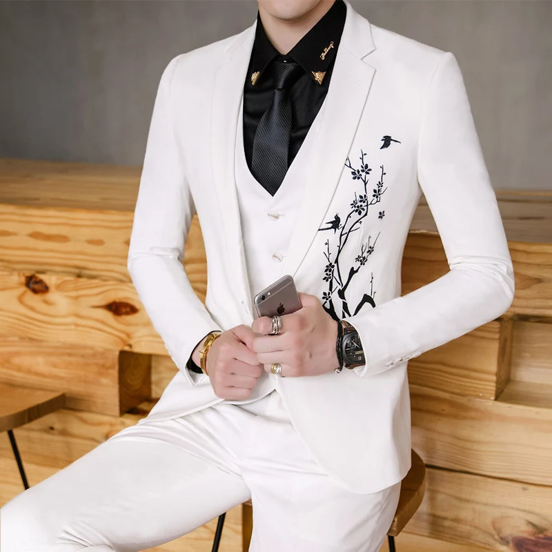 

High Quality Men Suit 3piece Set White Men Suit Jacket with Pants and Vest Asia Size S - XXXL Slim Design Men Wedding Suits 2019
