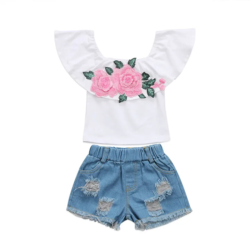 Г., модная детская одежда с цветочным рисунком для маленьких девочек топ с открытыми плечами для новорожденных, Короткие рваные джинсовые штаны, комплект одежды размер на 1 до 6 лет