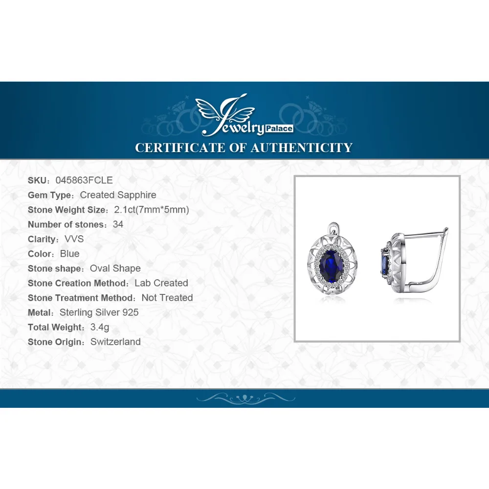 Jewelrypalace Oval 925 plata esterlina joyería conjunto azul creado anillo de zafiro pendiente marca Clip para las mujeres joyería fina - 6
