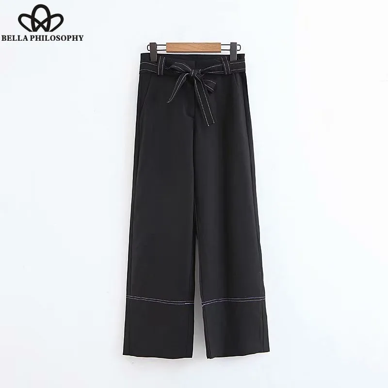 Wonder 2018 Women Vintage color matching black wide leg pants bow tied sashes long Trousers mujer Leisure autumn brand chic Pant