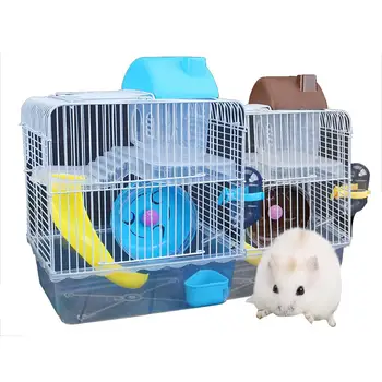 

Adeeing Double Layer Villa Shape Iron Wire Cage with Feeding Bowl Running Wheel Slide Toy for Pet Hamster
