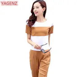 YAGENZ Большие размеры 2018 Новая летняя одежда Повседневное комплекты из двух предметов женщин с коротким рукавом в полоску с топы и девять