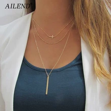 AILEND 2018 New Retro simple copper beads chain alloy cross metal rod 3 layer Set Pendant Necklaces Bohemian jewelery