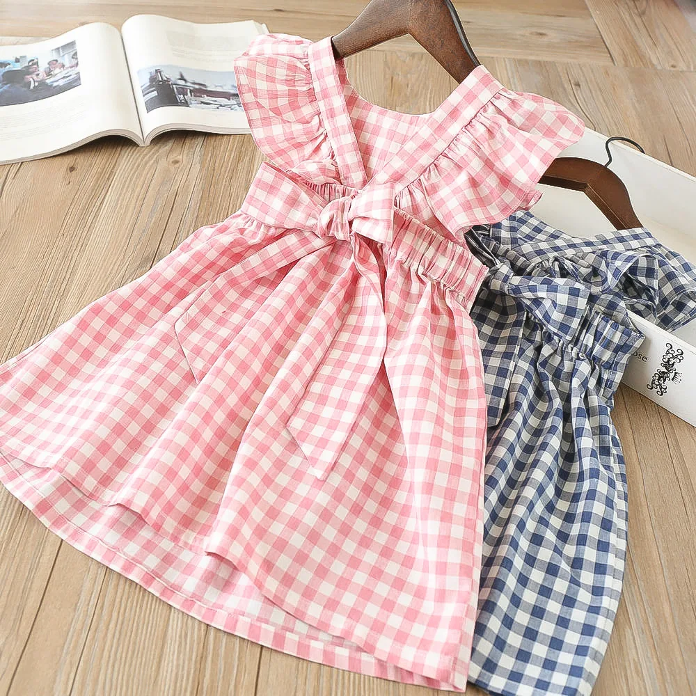 Everweekend Lovely Kids Bow Plaid Ruffles Dress Cute Baby Pink and Blue