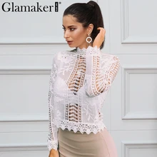 Glamaker sexy white lace blouse kemeja Wanita atasan elegan berongga keluar blouse Summer tops wanita blus lengan panjang blusas