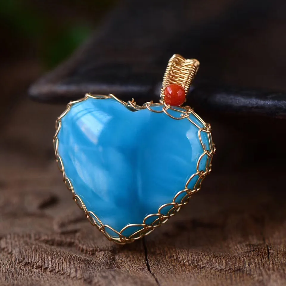 

Natural Blue Larimar Gemstone Pendant Necklace Chain From Dominica Heart Pattern 21.7x23.6x9.3mm Beads Crystal Pendant AAAAA