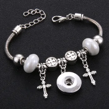 

2019 New Faith Cross Snap Jewelry Lobster Buckle Snake Chain Bangles Beaded Snap Bracelet Fit 18MM Snap Button Jewelry