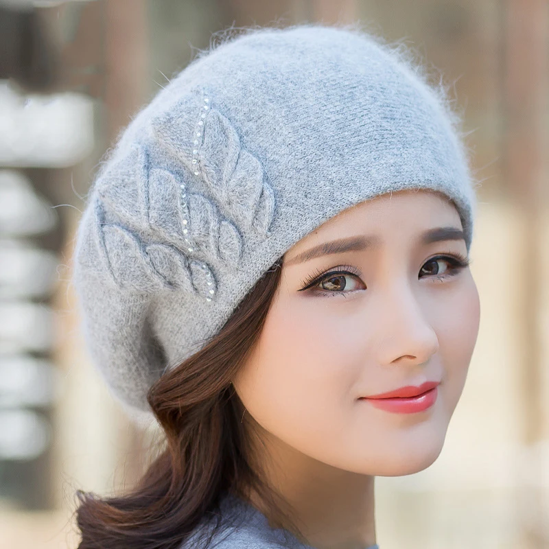 Angora Beanie Women Winter Hat Warm Knit Cap Beret Headwear Double Layer Casual Soft Classic Thermal Snow Outdoor Accessory (8)