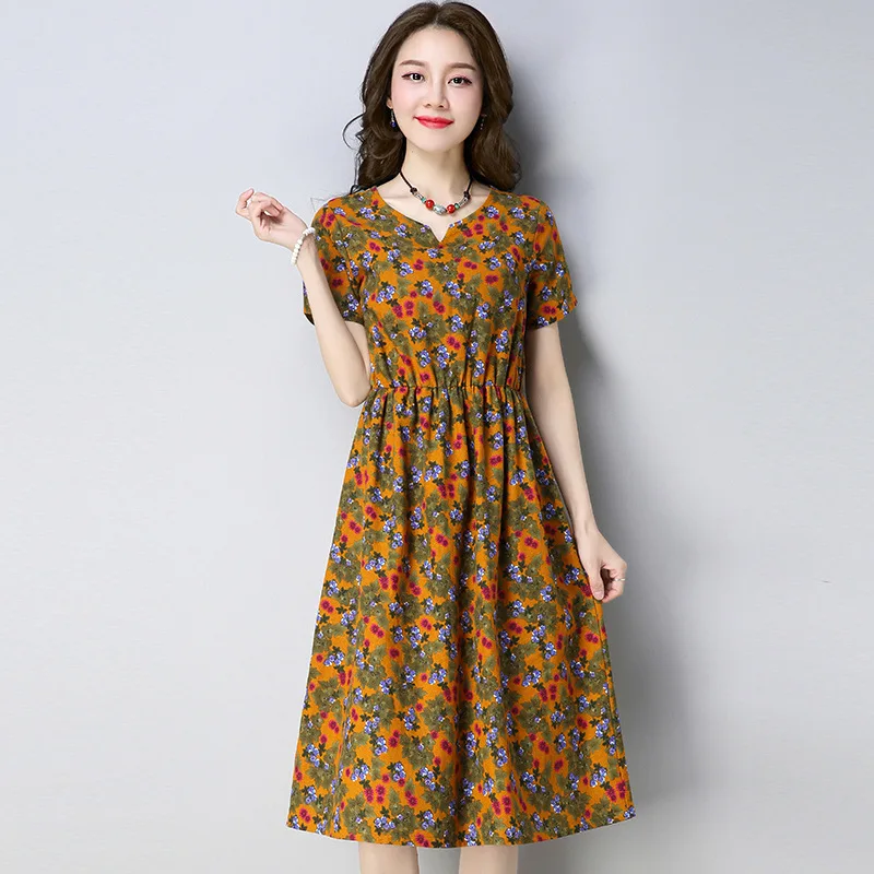Casual Cotton And Linen V-Neck Printed Short-Sleeved Dress