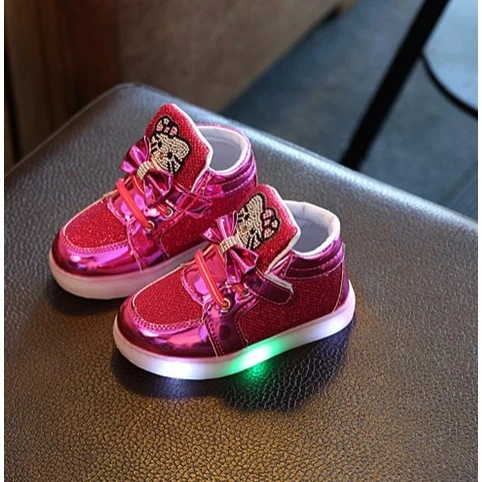 6 Ready Stock LED Shoes Light Up Kids Sneakers Hello Kitty Children Girl Leisure Cat Spring Toddler Girls' Casual Shoes Size 26-30