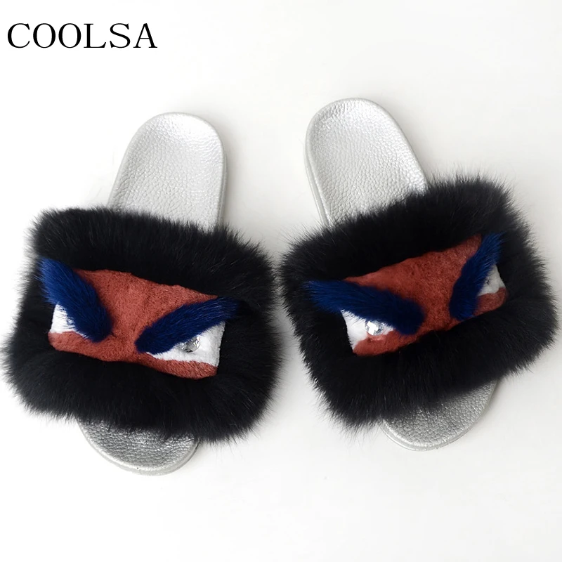 

Women's Winter Warm Fox Fur Slippers Cute Little Monster Plush Slippers Women's Funny Furry Slippers Flat Sandals Women Slides