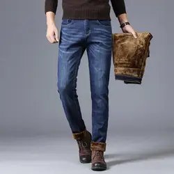 Модные Классические Для мужчин бархатные джинсы Синий, прямой крой толстые теплые джинсы Для мужчин Бизнес Брюки флисовые штаны Зимние