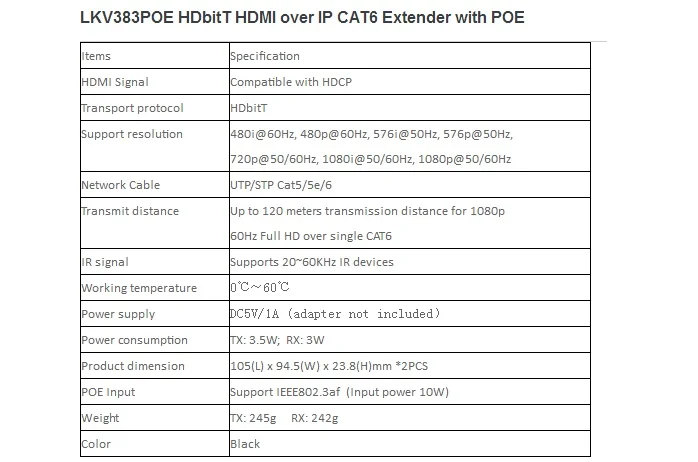 До 120 м, LKV383POE HDBitT hdmi-удлинитель Протокола по одному CAT5/5e/6 HDCP конвертер 1080 P с POE