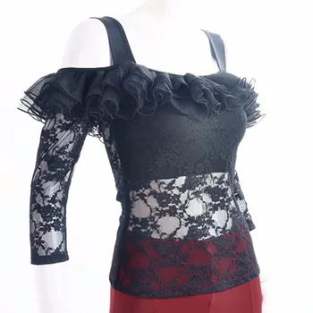 

High Quality Latin Dancing Shirts For Ladies Black Color Lace Plus Size Tops Clothes Women Rehearsal Practice Match Frocks B002