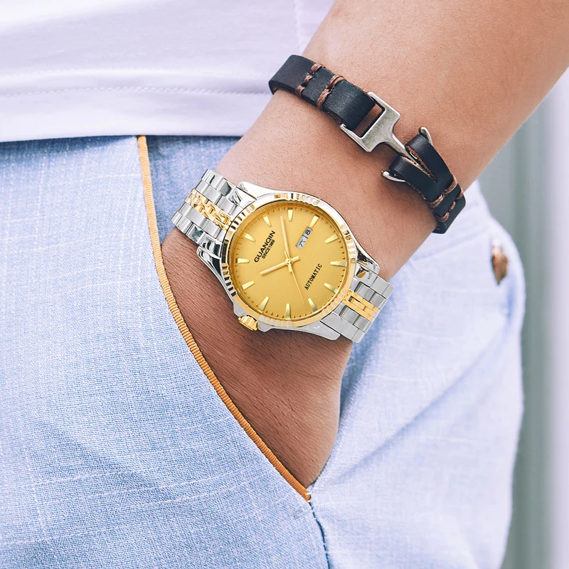 GUANQIN, деловые мужские часы, Лидирующий бренд, роскошные золотые автоматические часы из нержавеющей стали, мужские водонепроницаемые часы, мужские часы