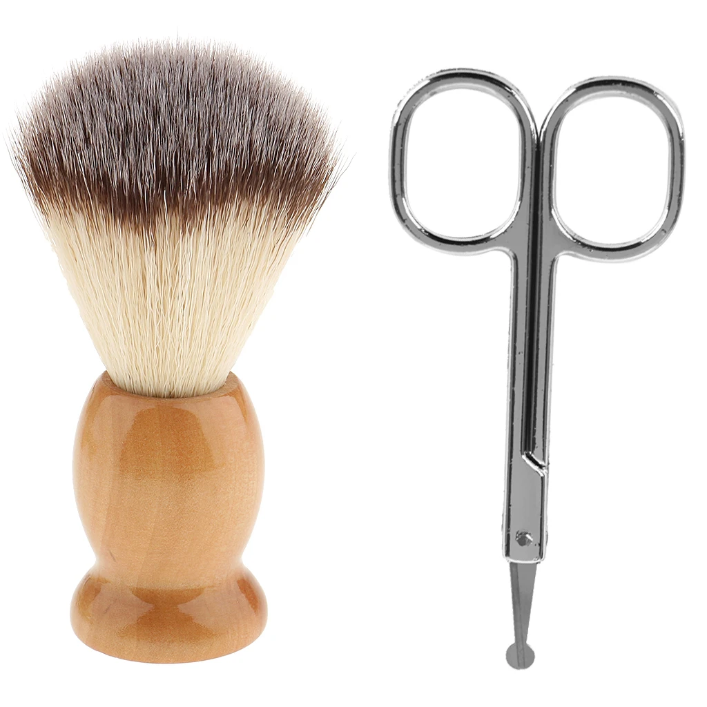 Wood Bristle Men Shaving Brush + Beard Mustache Nose Hair Remover Scissor Trimmer Round Tip  Set