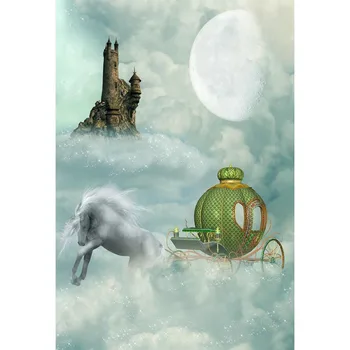 

White Clouds With Sequin Photography Background Stone Castle White Unicorn With Green Pumpkin Carriage Backdrop For Baby Shower