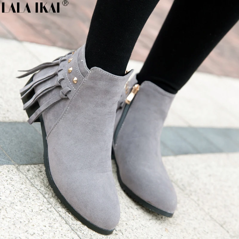 

LALA IKAI Spring Autumn Women Ankle Boots Round Toe Zipper Closure Rivet Decoration Fringe Design Ladies Fashion Shoes XWC2772-5