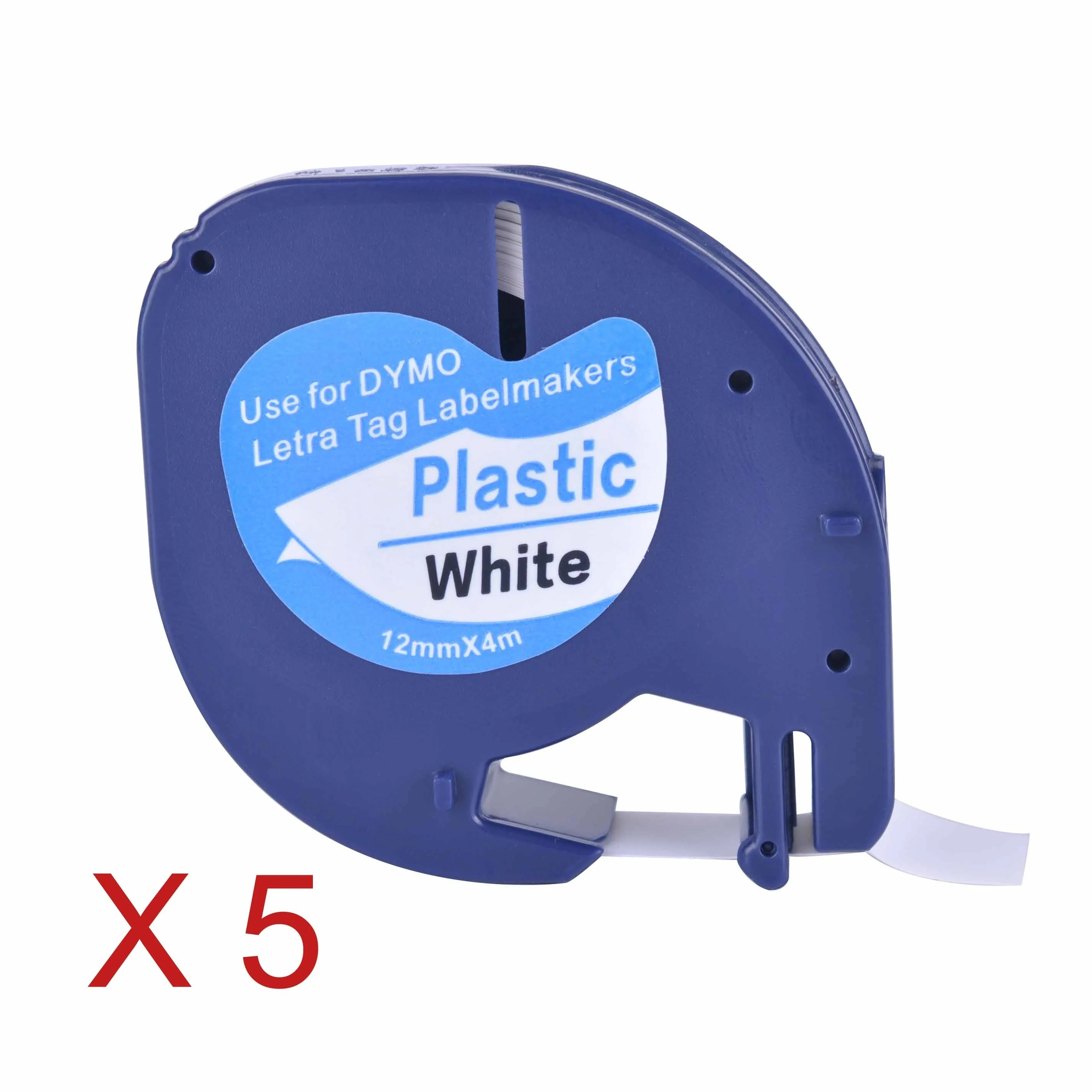 

5 Compatible Black on White (12mm x 4m) Plastic Label Tapes for Dymo LetraTag QX 50, XR, XM, 2000, Plus Label Makers