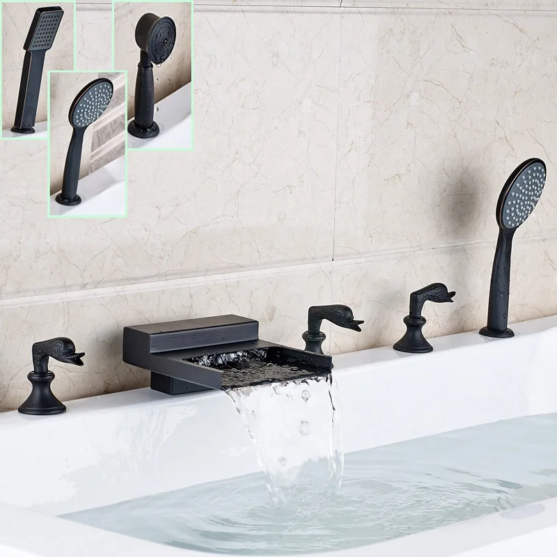 

Luxury Oil Rubbed Bronze Widespread Bathtub Faucet Deck Mounted Waterfall Roman Tub Filler with Handshower