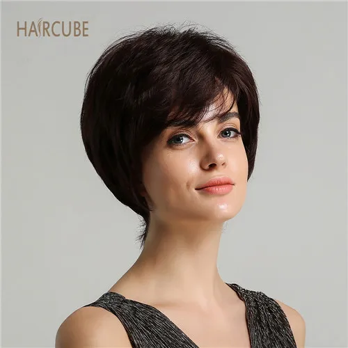 Haircube 6 дюймов синтетический парик для косплея короткие волнистые 50% человеческие волосы пушистые натуральные серебристо-серые парики для матери с челкой для женщин - Цвет: WM3047-4-99J