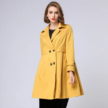 

Women Trench Coat Outwear Plus Size Winter Autumn 2018 Female Yellow Red Solid Double Breasted Trenches Overcoat Coats Outwears