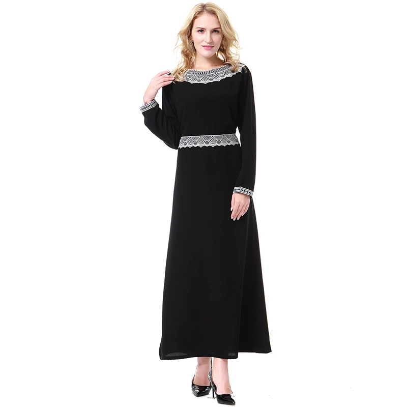

Women Muslim Abaya Dress O Neck Long Sleeve Plus Size 3XL Robe Arabe Caftan Abaya Dubai Dress with Appliques
