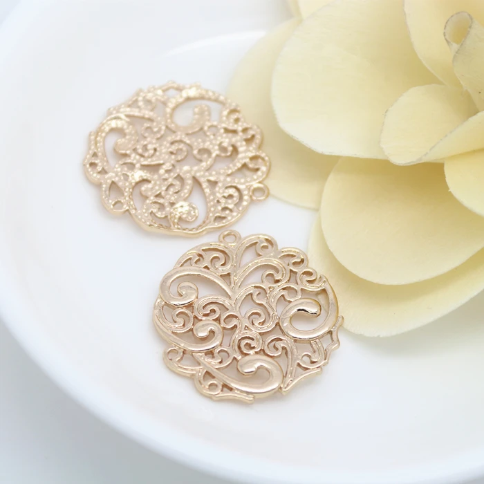 

(33177)4PCS 26*27MM Brass 24K Champagne Gold Color Plated Round Flower Vine Pendants Connect Charms Jewelry Findings Accessories