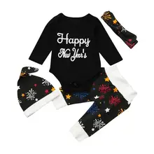 4 шт./компл., комплект одежды для новорожденных мальчиков и девочек, Новогодняя одежда, хлопковый комбинезон с милыми буквами, штаны, повязка на голову