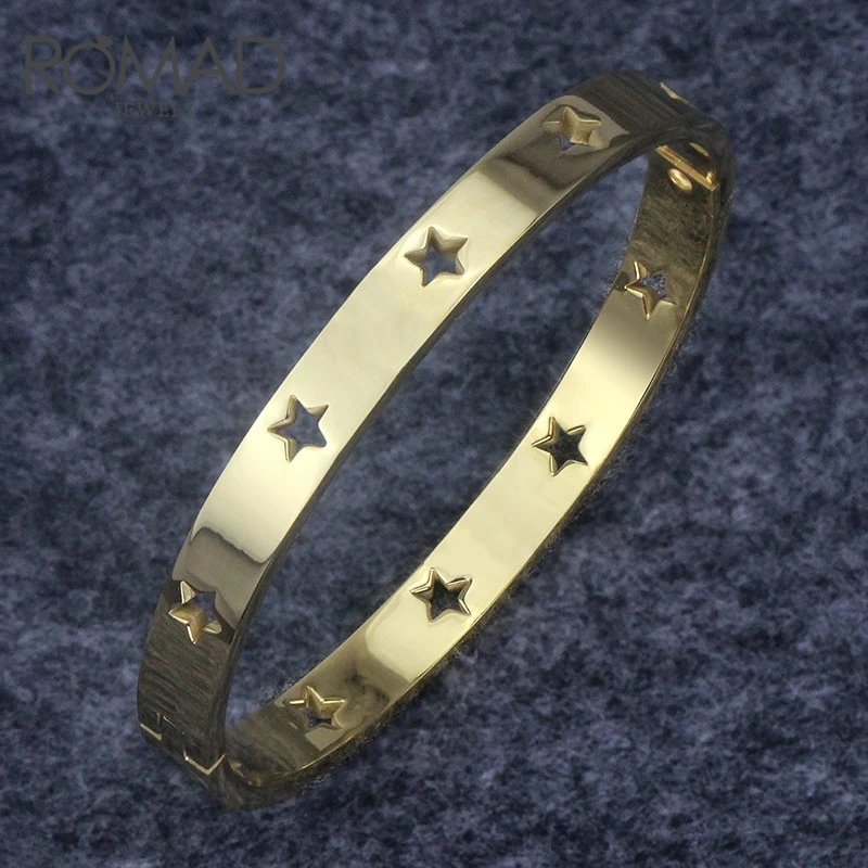 

ROMAD Punk Stainless Steel Stars Bangle for Women Love Bracelet Hollow Pentagram Cuff Bracelets & Bangles Gifts Pulseira R50