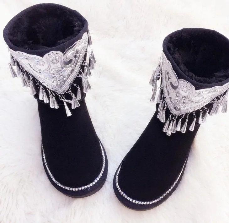 

Spring Winter Solid Black Slip-On Metal Decoration Platform Shoes Women Round Toe Ankle Snow Boots Women Flat with Free Shipping