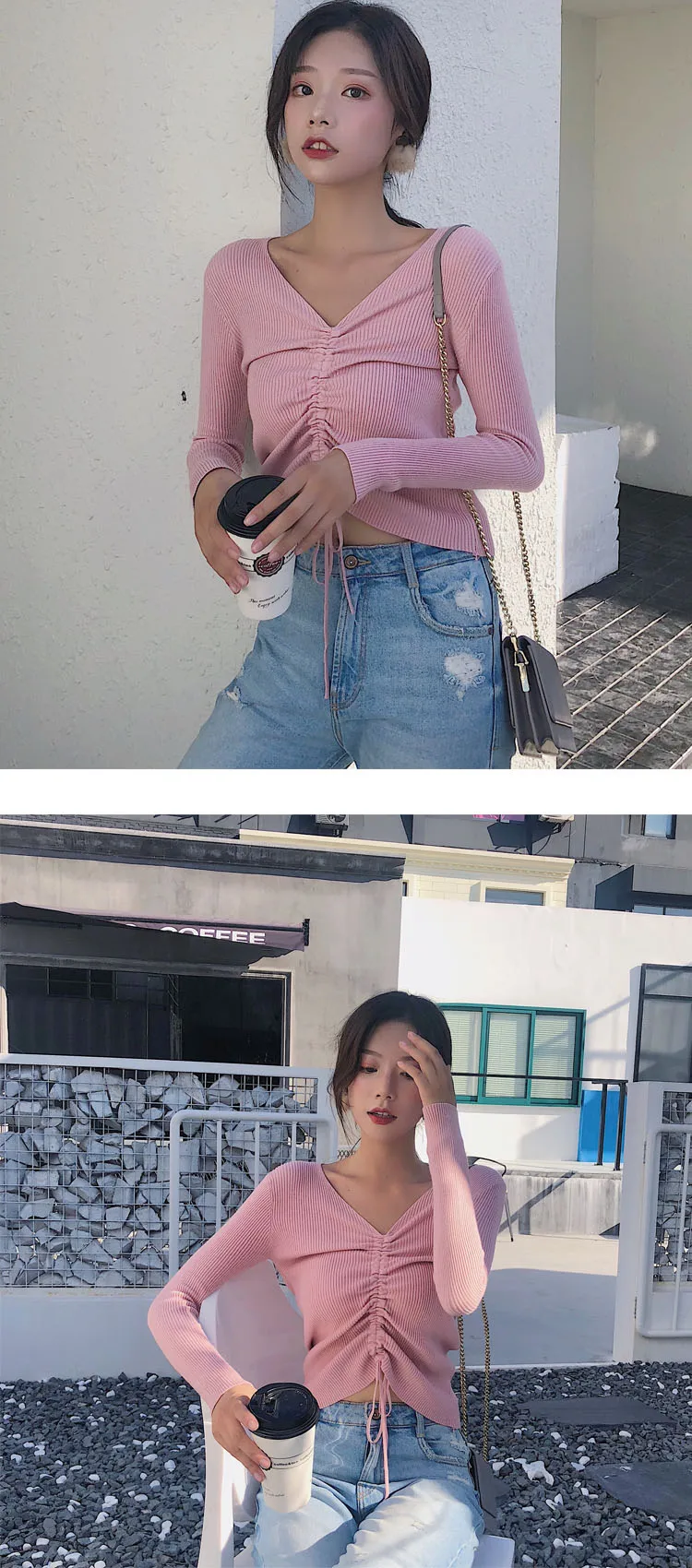 AOSSVIAO Sexy lace up knitting pullover top Fashion autumn winter sweater women Chic pink V-neck knit slim jumper pull femme