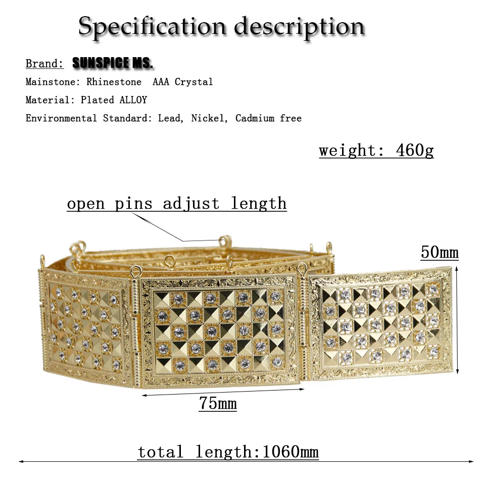 SUNSPICE MS, марокканский кафтан, свадебный пояс, металлический пояс, кристалл, золотой цвет, кристалл, регулируемая длина, квадратный пояс на кнопке