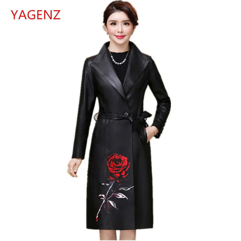 Women genuine leather coat Printing Black women's sheepskin coats Top quality Autumn/winter Long Sheep skin windbreake K3740
