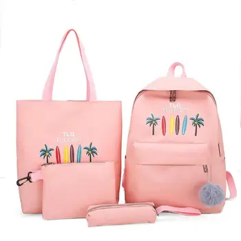 

4pcs/set Women Canvas Printing Big Capacity School Backpacks Shoulder bag Clutch Pen Bags