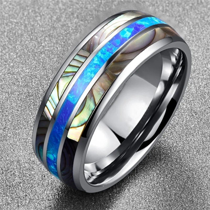 

8mm Luxury Silver Tungsten Carbide Ring Blue Fire Opal & Shell Inlay For Men Women Wedding Engagement Ring Bague Homme