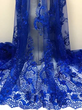 

Royal Blue nigerian french lace embroidered tulle lace fabric for wedding dress,2018 beads rhinestones African lace fabric