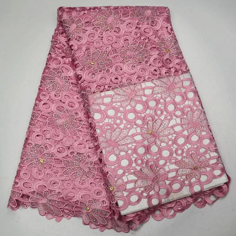 

2018 Hot sale pink african guipure lace fabric with stones new style french cord lace fabric for nigerian wedding PSA63-3